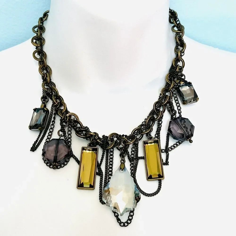 Premier Designs  GLAMOROUS Dramatic Necklace Antiqued Brass Glass Acrylic 4518